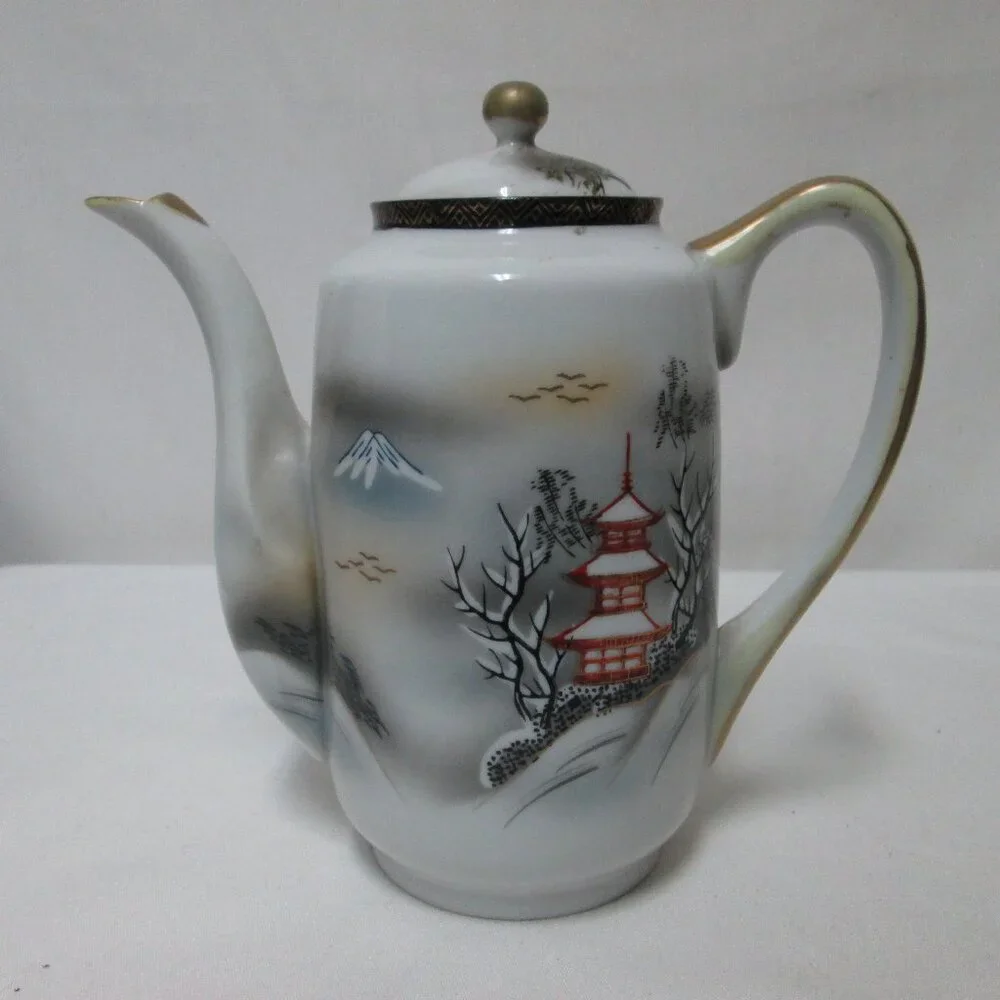 Vintage Porcelain Teapot with Spout Hand-painted Japanese Village 7